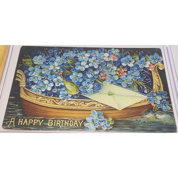 Lot Of Four Vintage Antique Embossed Postcards Flowers Birthday Boats - Picture 4 of 9